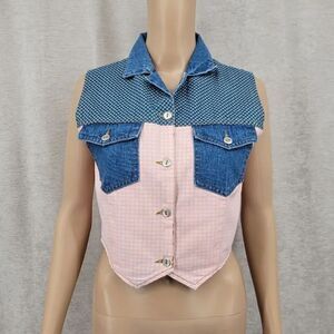 Steel Vintage Denim and Pink Gingham Sleeveless Crop Top Western Open Back